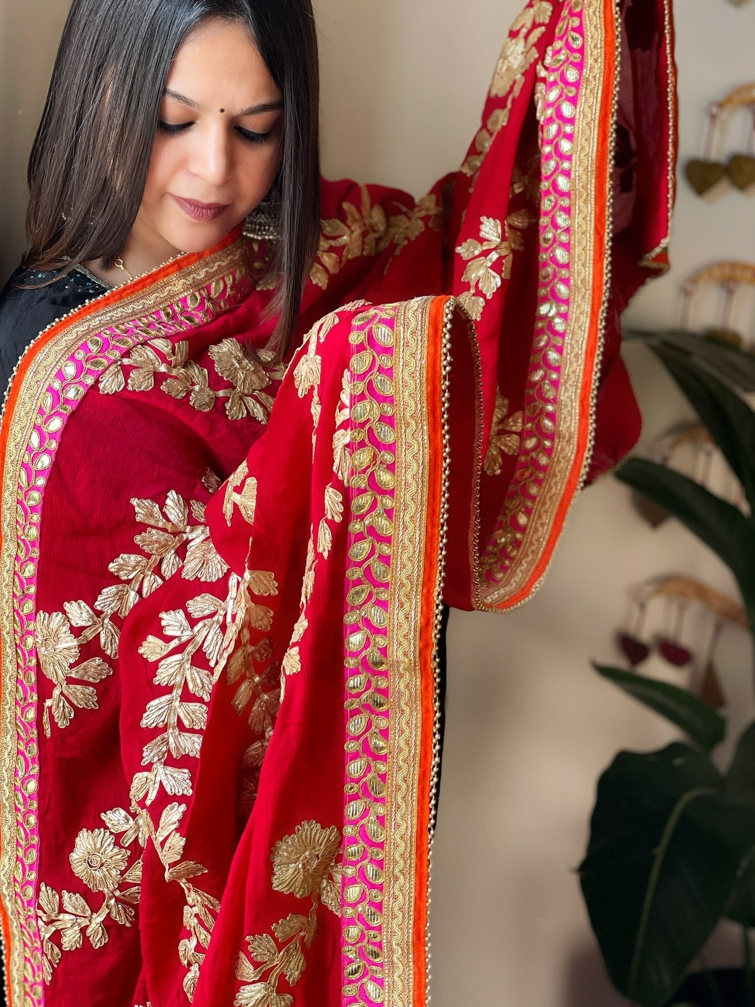 Pink & Red Chinon Dupatta with Gota Lace Work - Masakalee