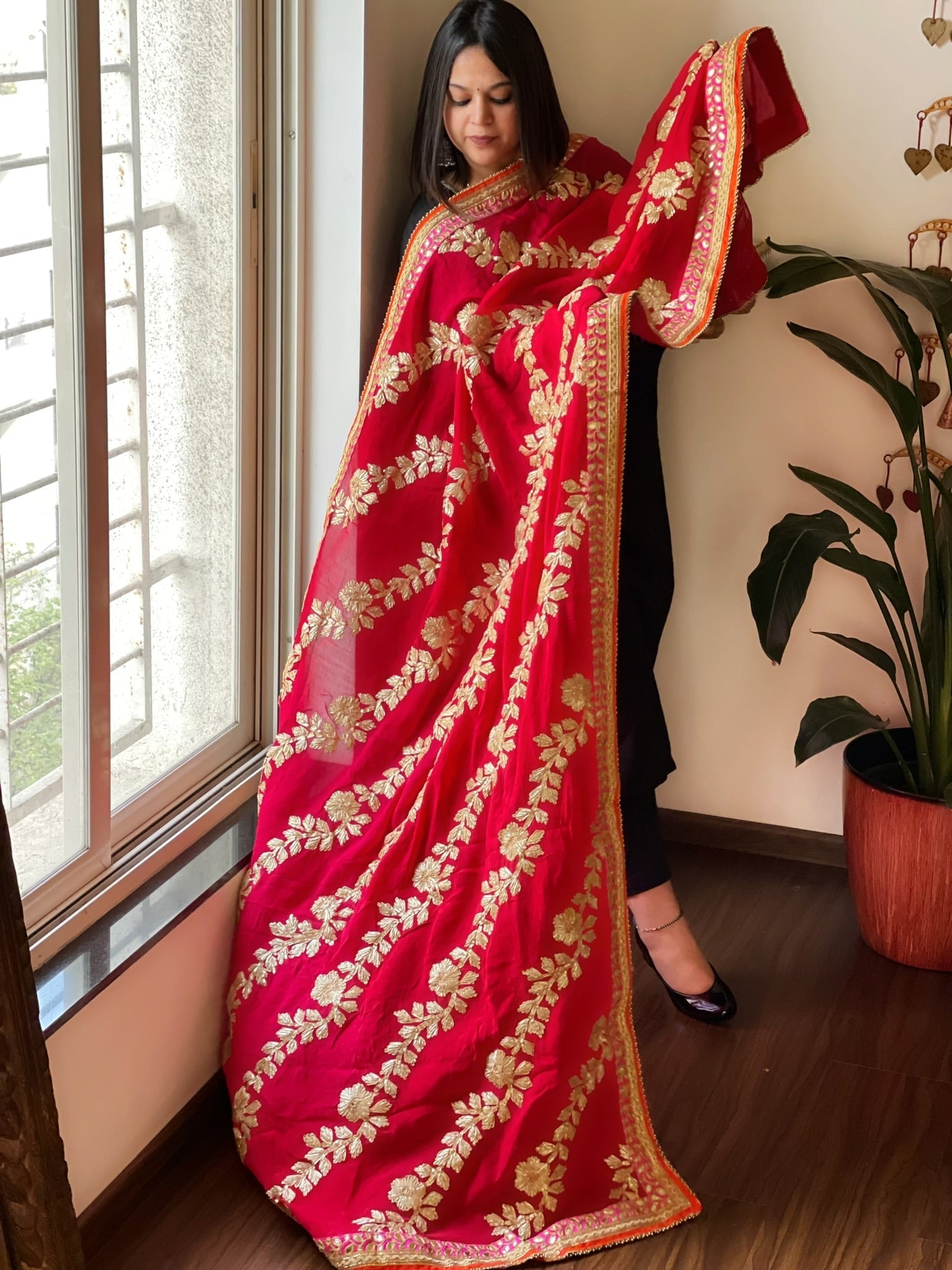 Pink & Red Chinon Dupatta with Gota Lace Work - Masakalee