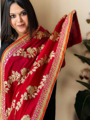 Pink & Red Chinon Dupatta with Gota Lace Work - Masakalee