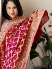 Pink, Red Handwoven NeemZari Bareek Bandhani with Dabka Handwork in Pure Georgette - Masakalee