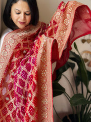Pink, Red Handwoven NeemZari Bareek Bandhani with Dabka Handwork in Pure Georgette - Masakalee