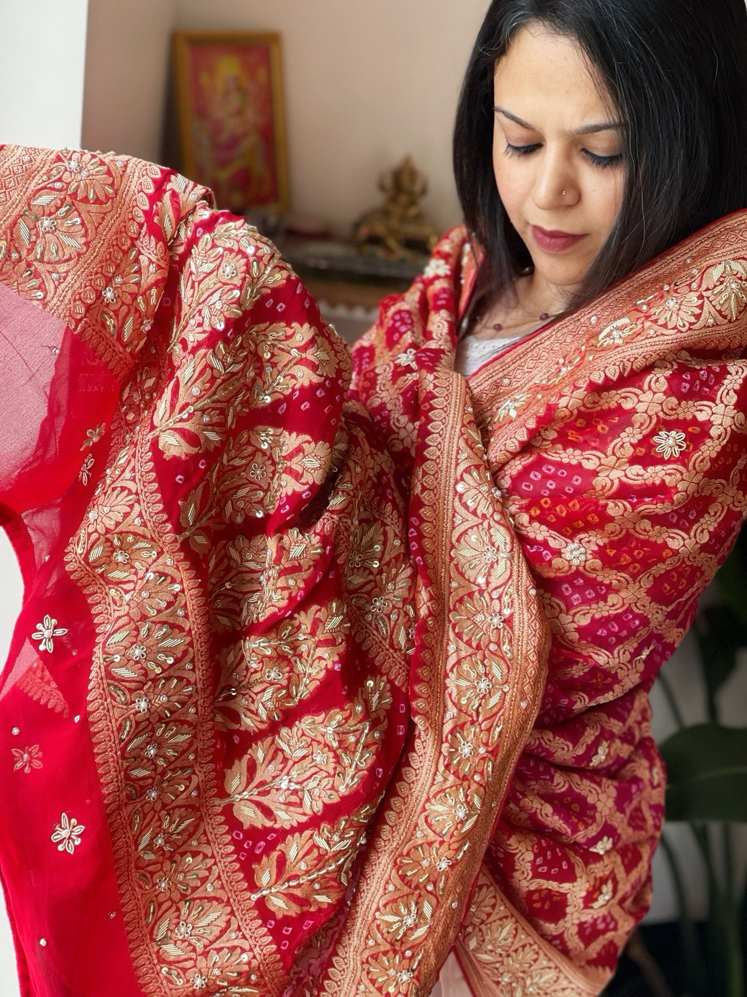Pink, Red Handwoven NeemZari Bareek Bandhani with Dabka Handwork in Pure Georgette - Masakalee