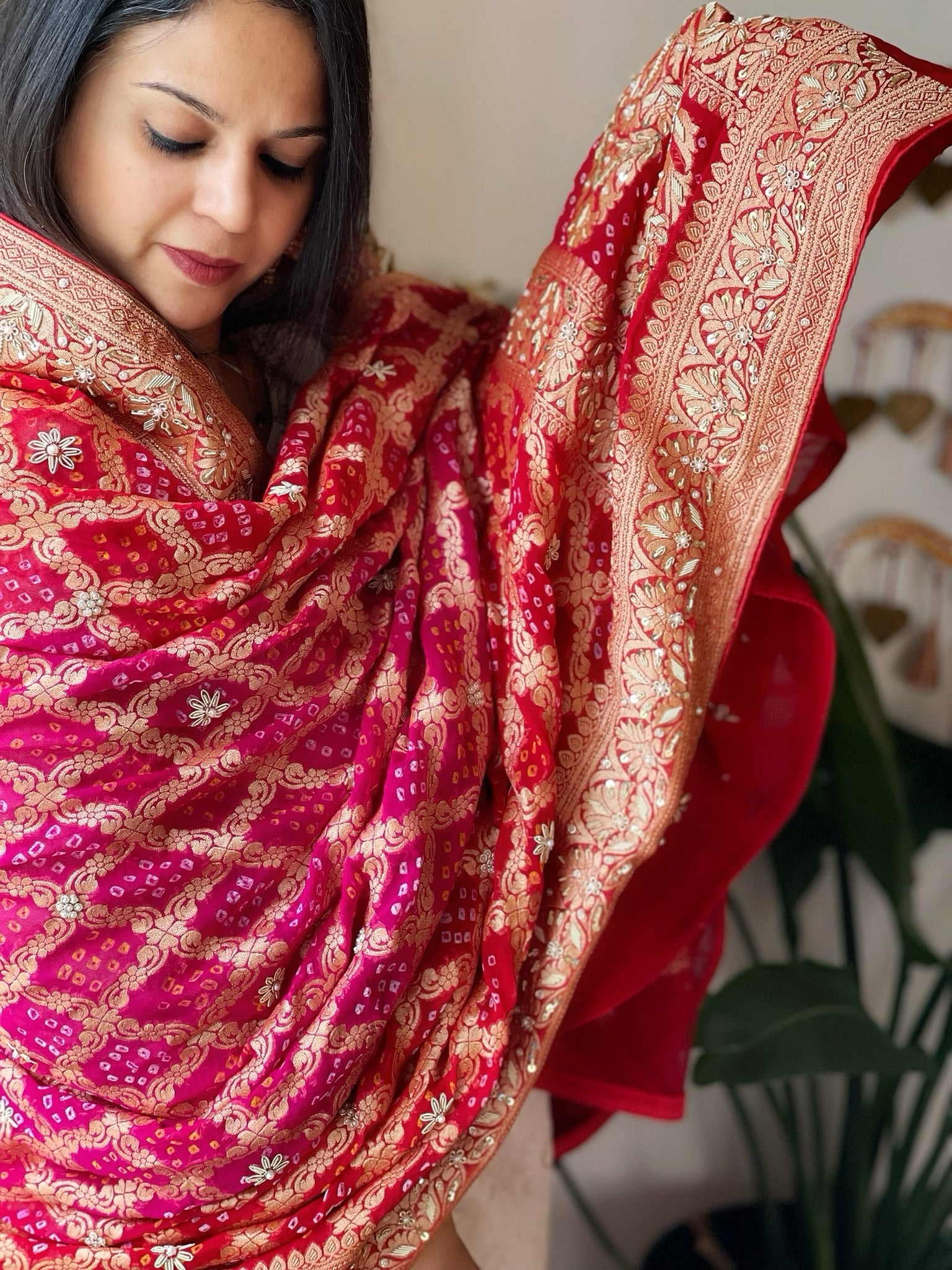 Pink, Red Handwoven NeemZari Bareek Bandhani with Dabka Handwork in Pure Georgette - Masakalee