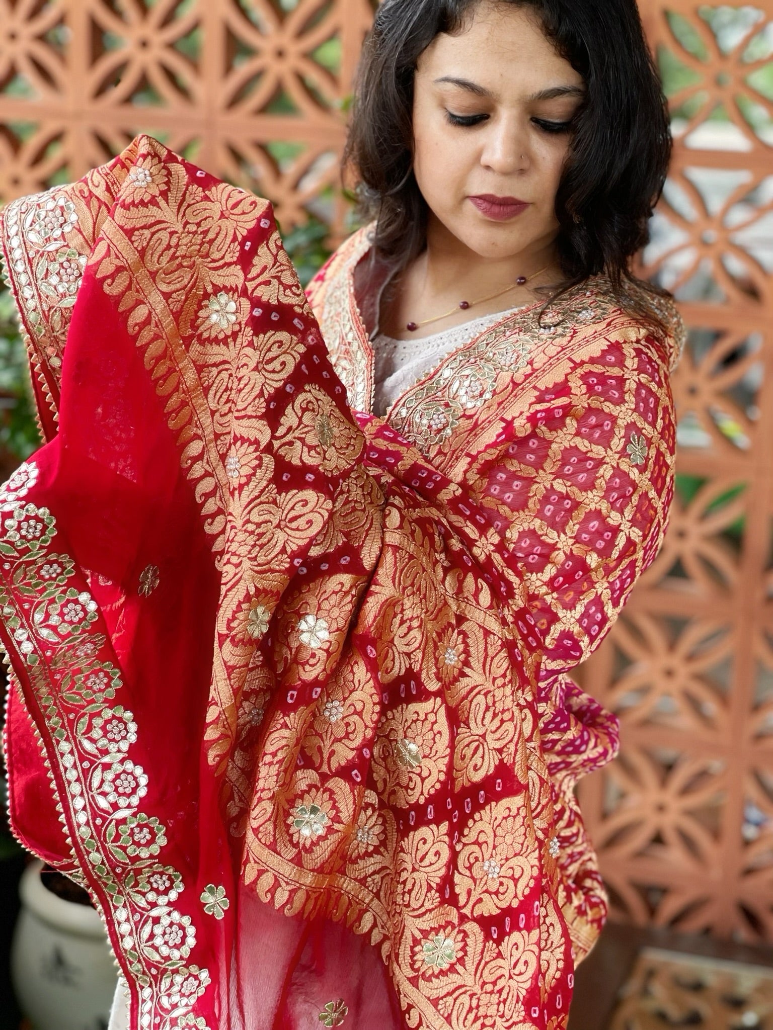 Pink, Red Handwoven NeemZari Bareek Bandhani with Gotapatti Handwork in Pure Georgette - Masakalee