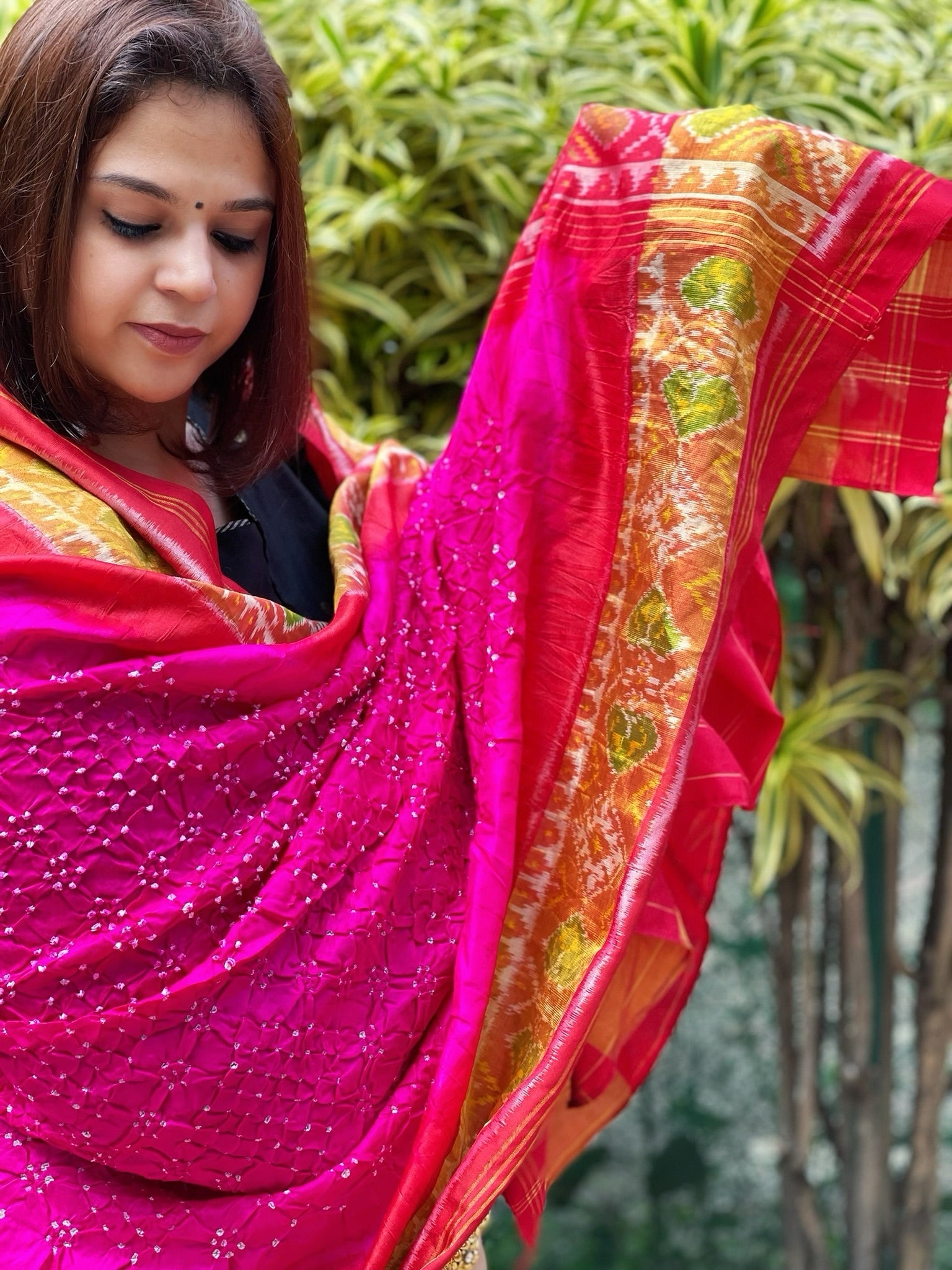 Pink, Red Handwoven Patola with Rai Bandhej Dupatta in Pure Silk - Masakalee