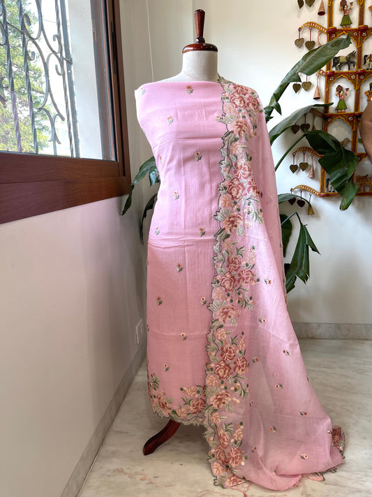 Pink Suit Set with Cross - Stitch Embroidery in Pure Mul Chanderi - Masakalee