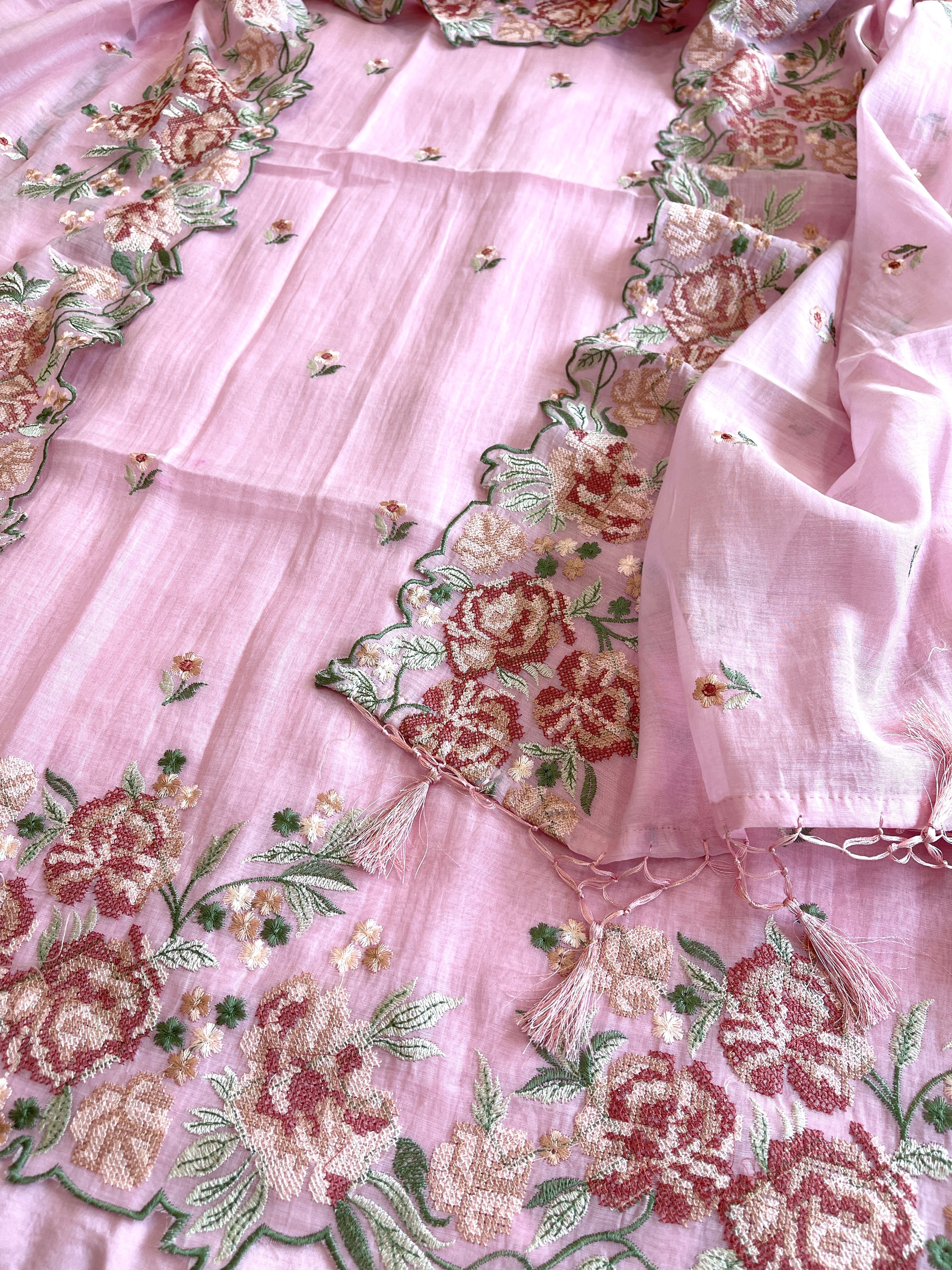 Pink Suit Set with Cross - Stitch Embroidery in Pure Mul Chanderi - Masakalee