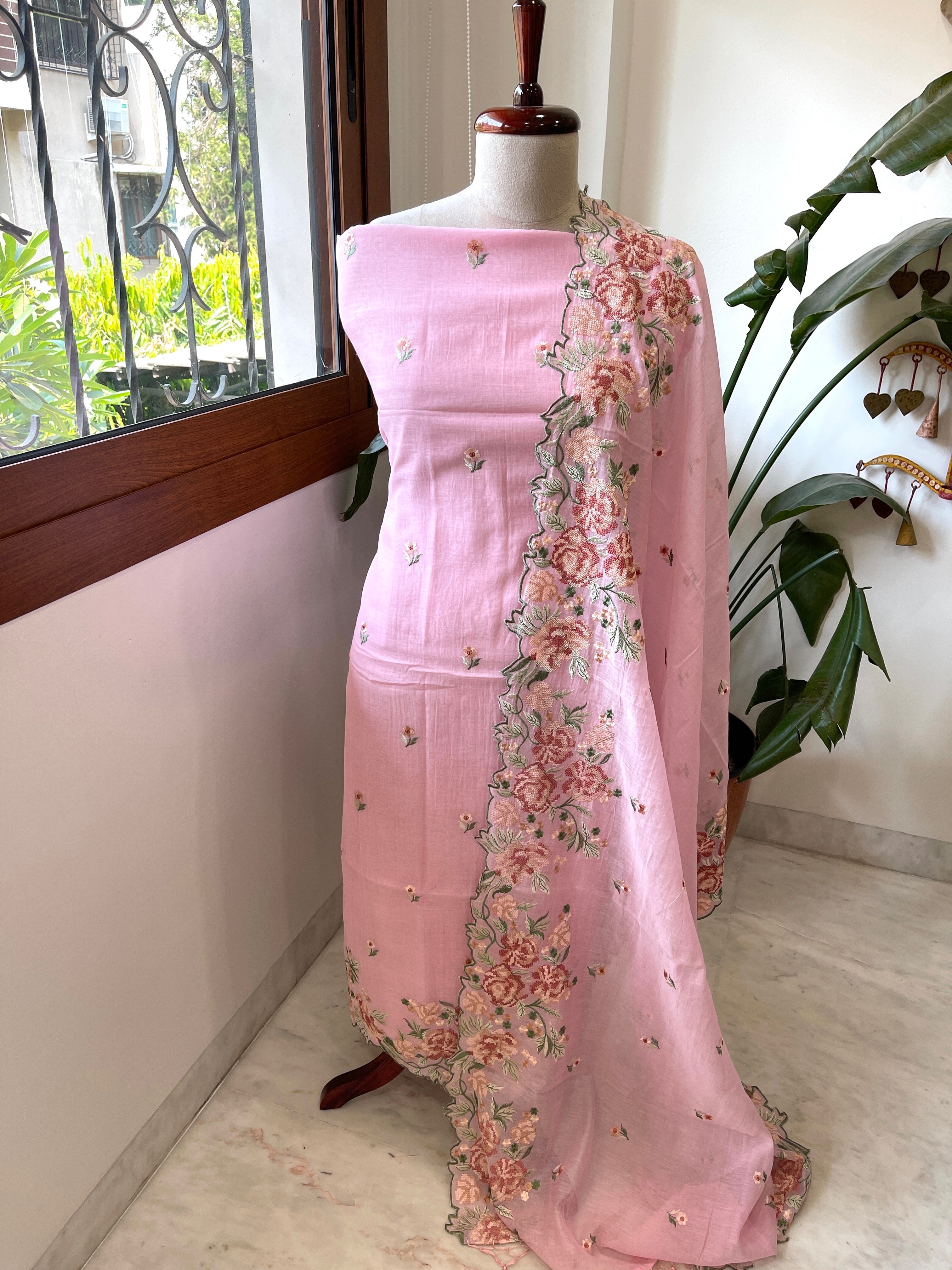 Pink Suit Set with Cross - Stitch Embroidery in Pure Mul Chanderi - Masakalee