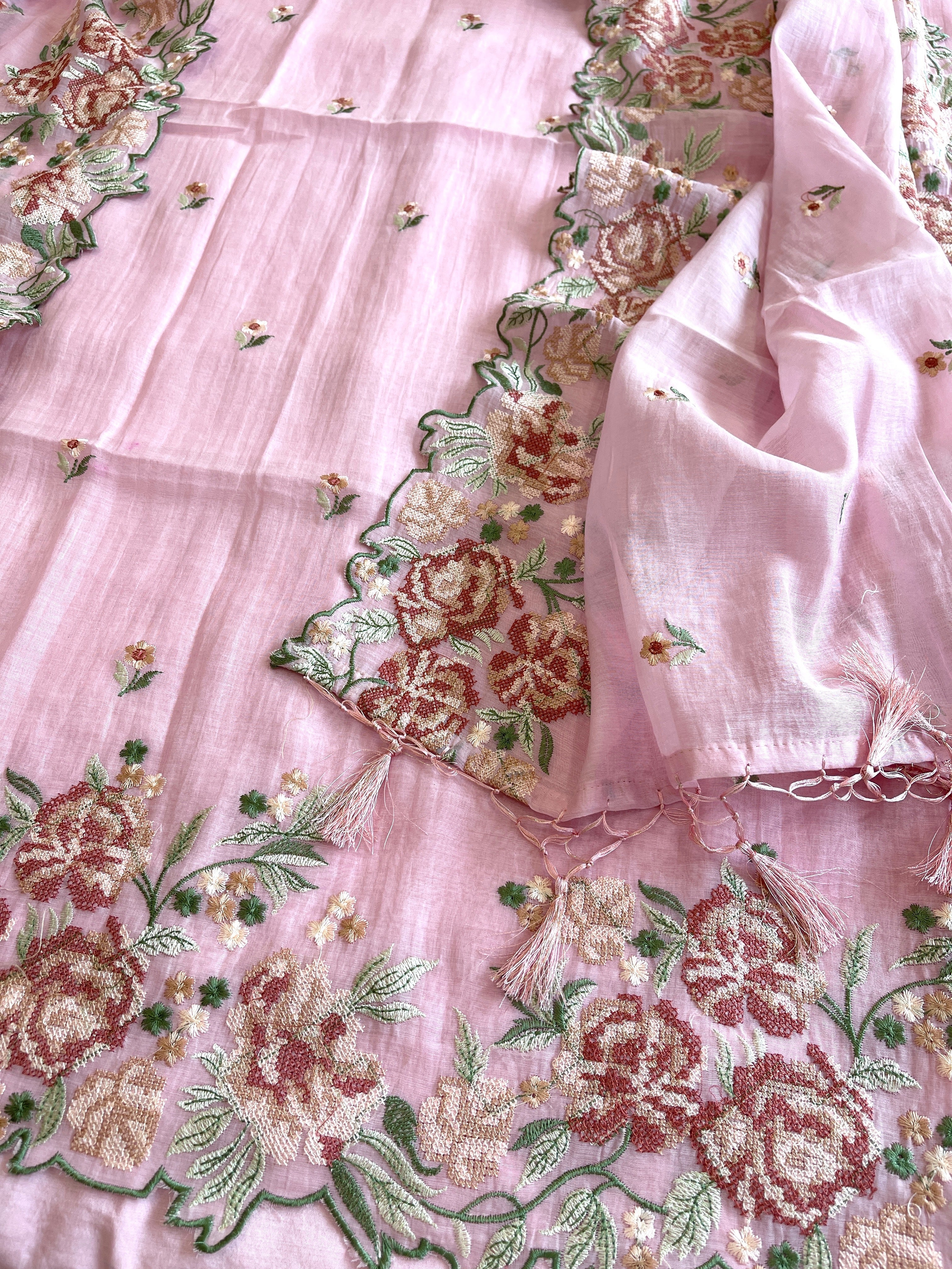 Pink Suit Set with Cross - Stitch Embroidery in Pure Mul Chanderi - Masakalee
