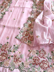 Pink Suit Set with Cross - Stitch Embroidery in Pure Mul Chanderi - Masakalee