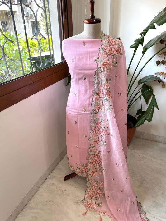 Pink Suit Set with Cross - Stitch Embroidery in Pure Mul Chanderi - Masakalee