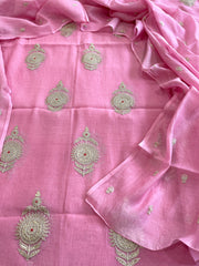 Pink Suit Set with Gold Thread & Sequin Work in Pure Mul - Masakalee