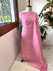 Pink Suit Set with Gold Thread & Sequin Work in Pure Mul - Masakalee