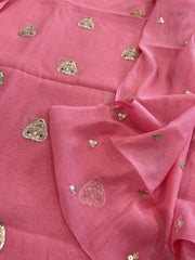 Pink Suit Set with Gold Thread & Sequin Work in Pure Mul - Masakalee