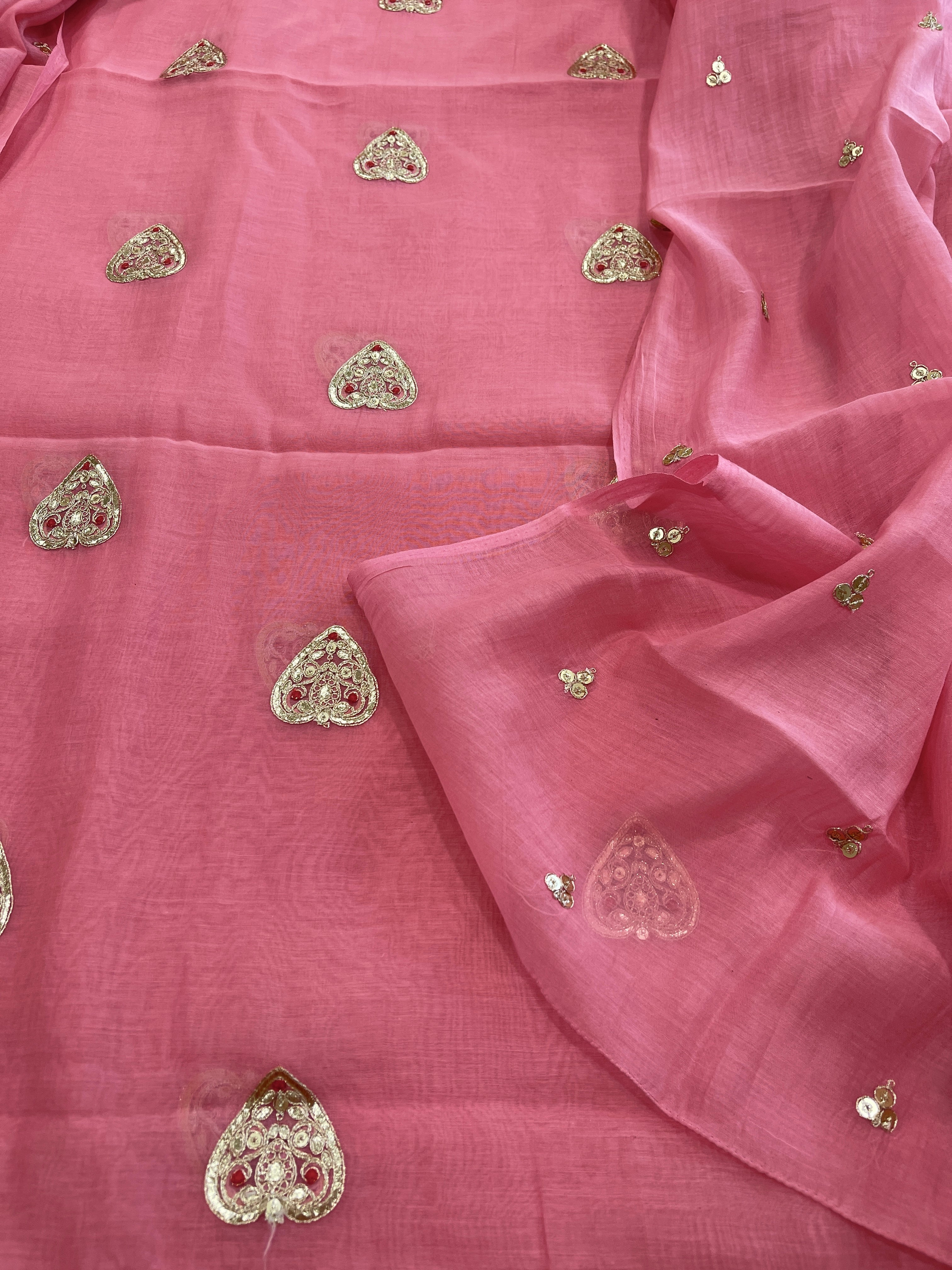 Pink Suit Set with Gold Thread & Sequin Work in Pure Mul - Masakalee