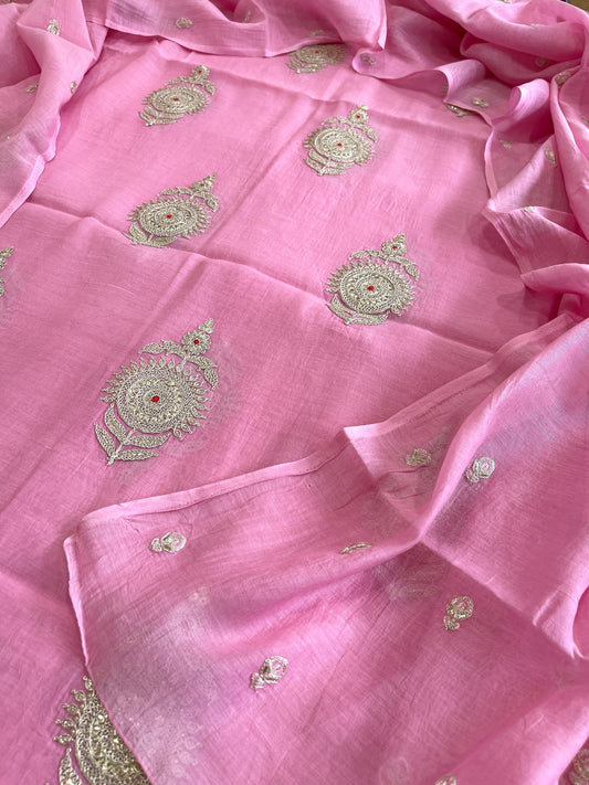 Pink Suit Set with Gold Thread & Sequin Work in Pure Mul - Masakalee