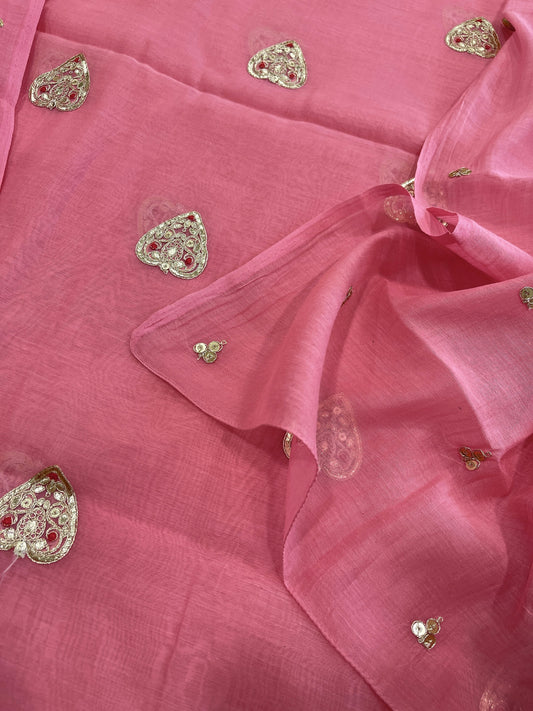 Pink Suit Set with Gold Thread & Sequin Work in Pure Mul - Masakalee