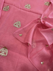 Pink Suit Set with Gold Thread & Sequin Work in Pure Mul - Masakalee