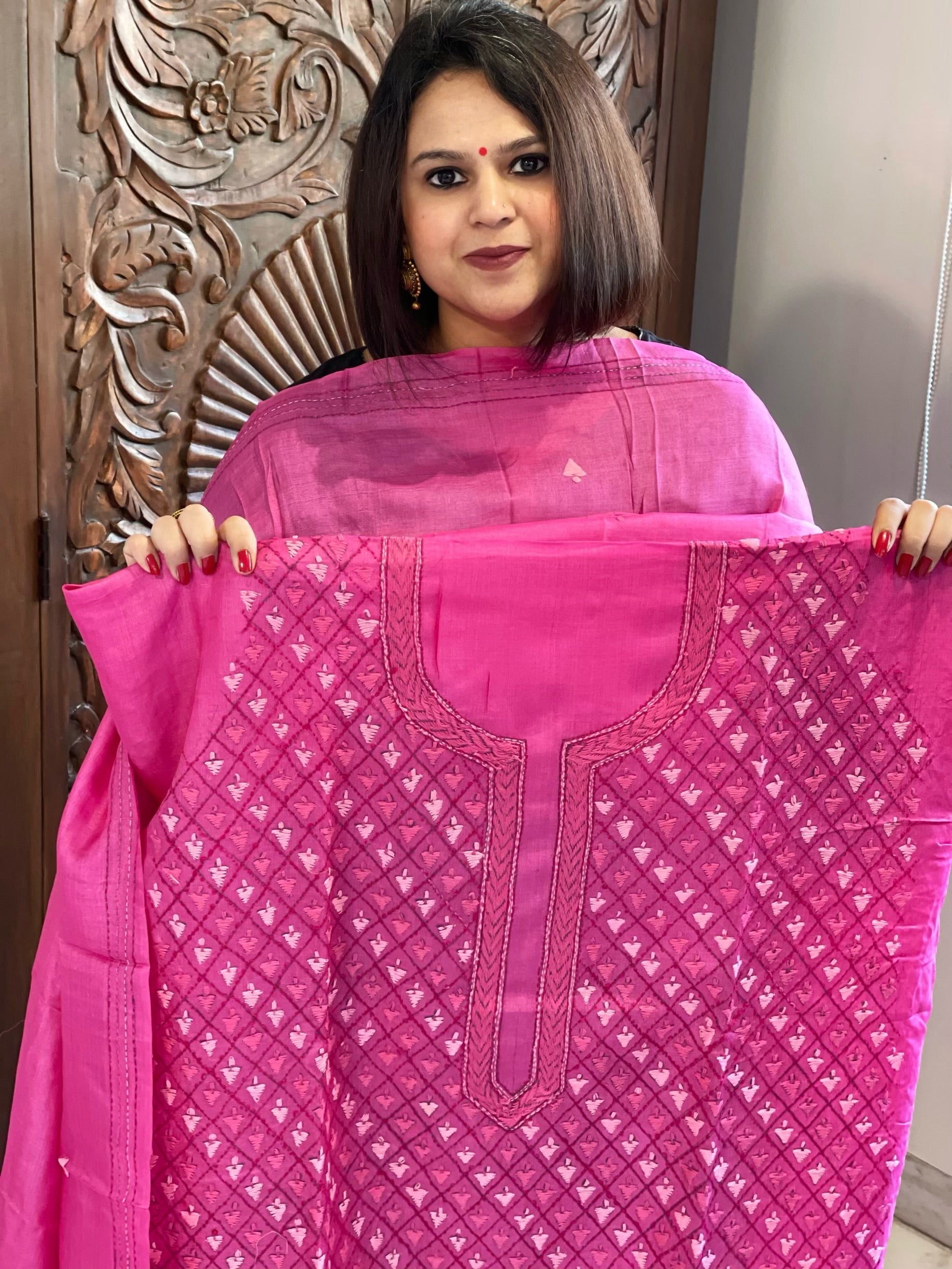 Pink Suit Set with Hand Embroidery in Pure Tussar Silk - Masakalee