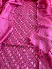 Pink Suit Set with Hand Embroidery in Pure Tussar Silk - Masakalee