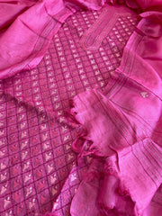 Pink Suit Set with Hand Embroidery in Pure Tussar Silk - Masakalee