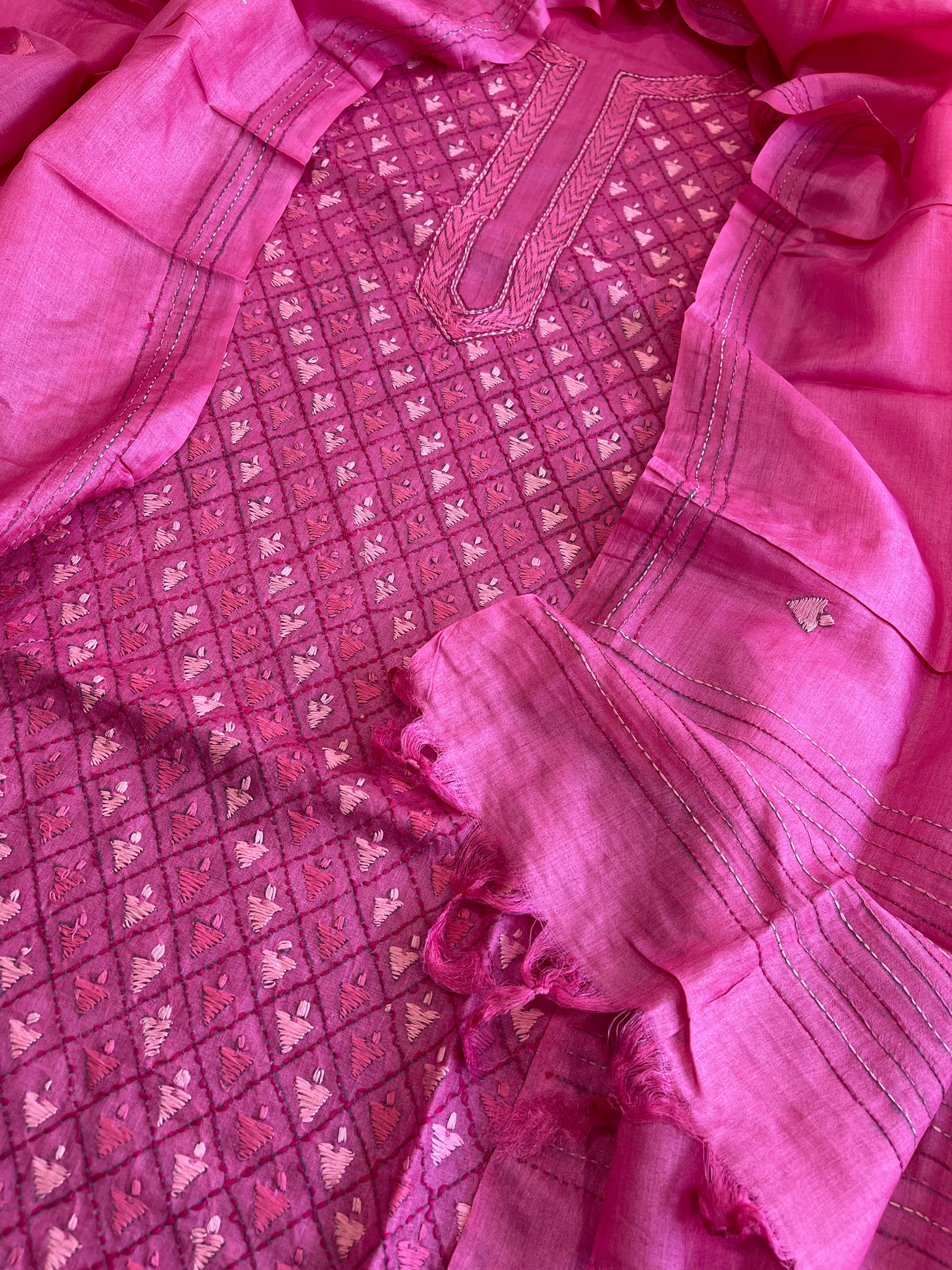 Pink Suit Set with Hand Embroidery in Pure Tussar Silk - Masakalee