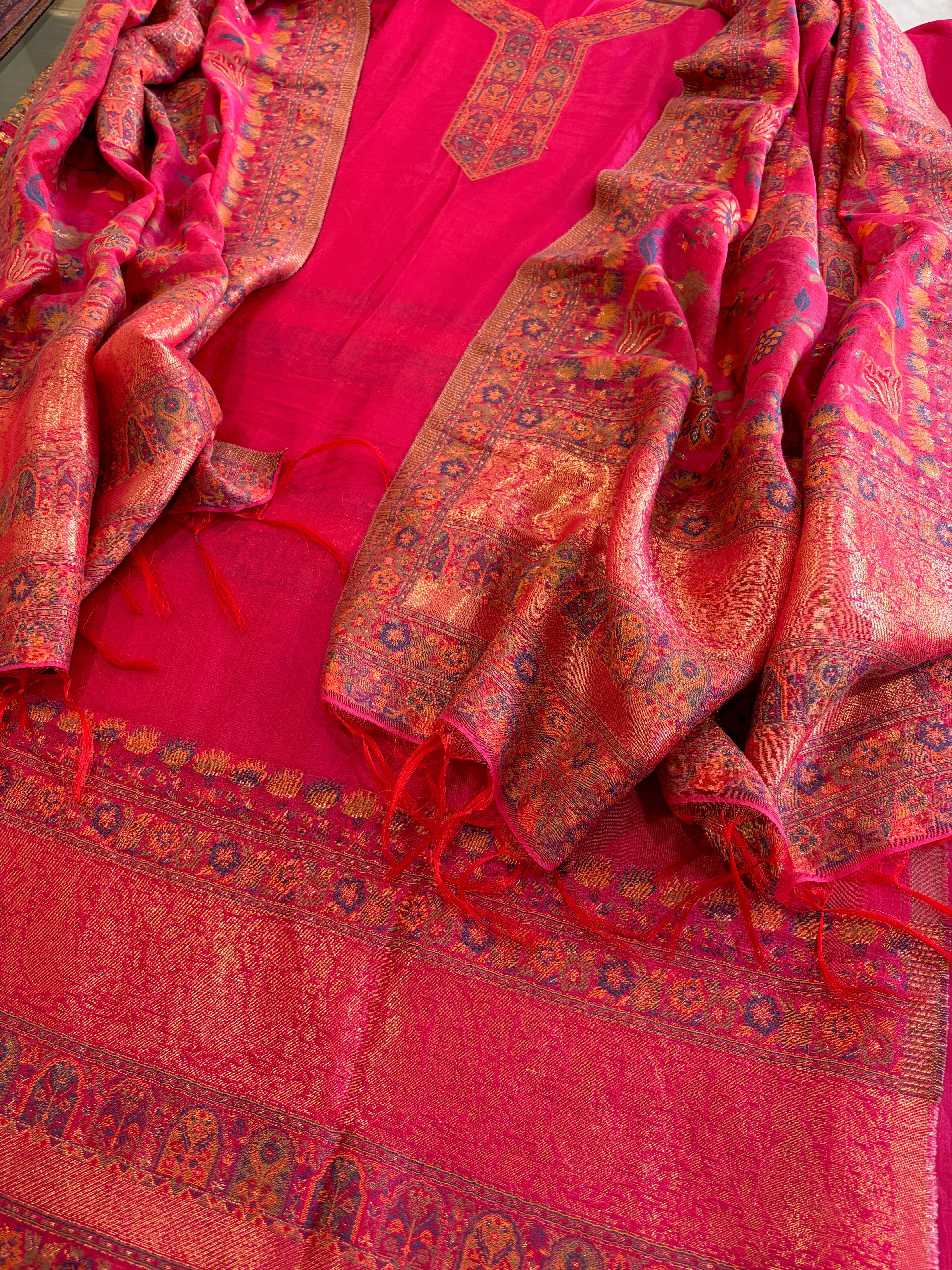 Pink Suit Set with Handwoven Kaani and Zari in Pure Silk - Masakalee
