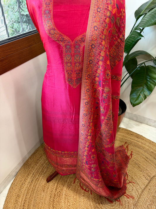 Pink Suit Set with Handwoven Kaani and Zari in Pure Silk - Masakalee