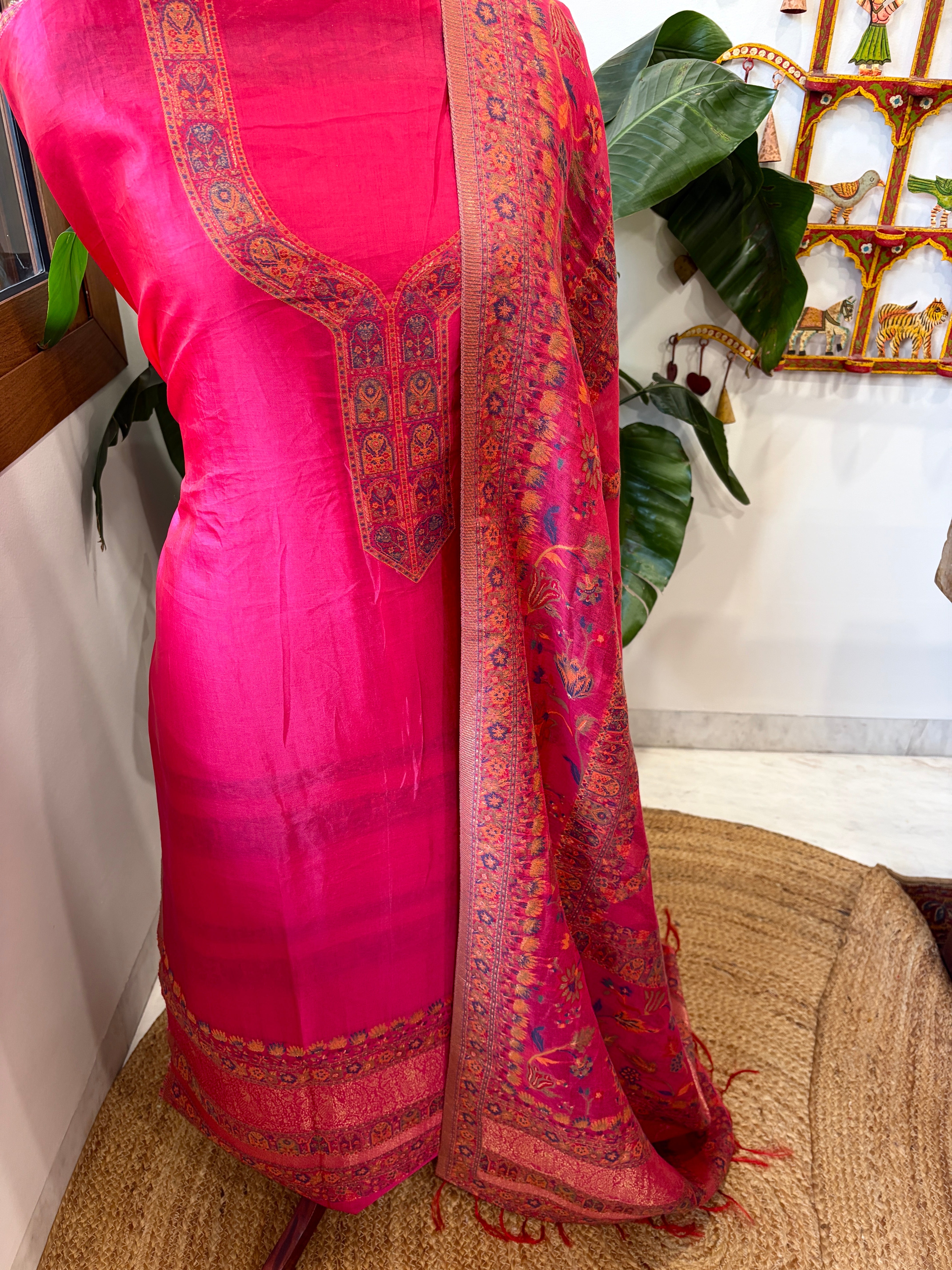 Pink Suit Set with Handwoven Kaani and Zari in Pure Silk - Masakalee