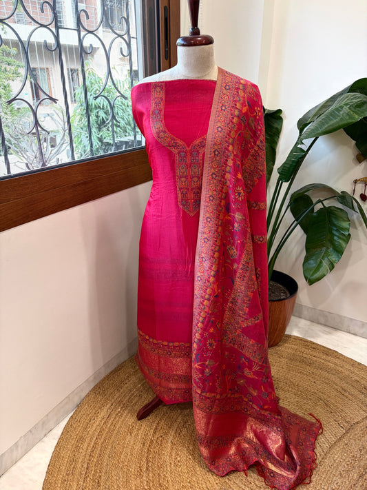 Pink Suit Set with Handwoven Kaani and Zari in Pure Silk - Masakalee