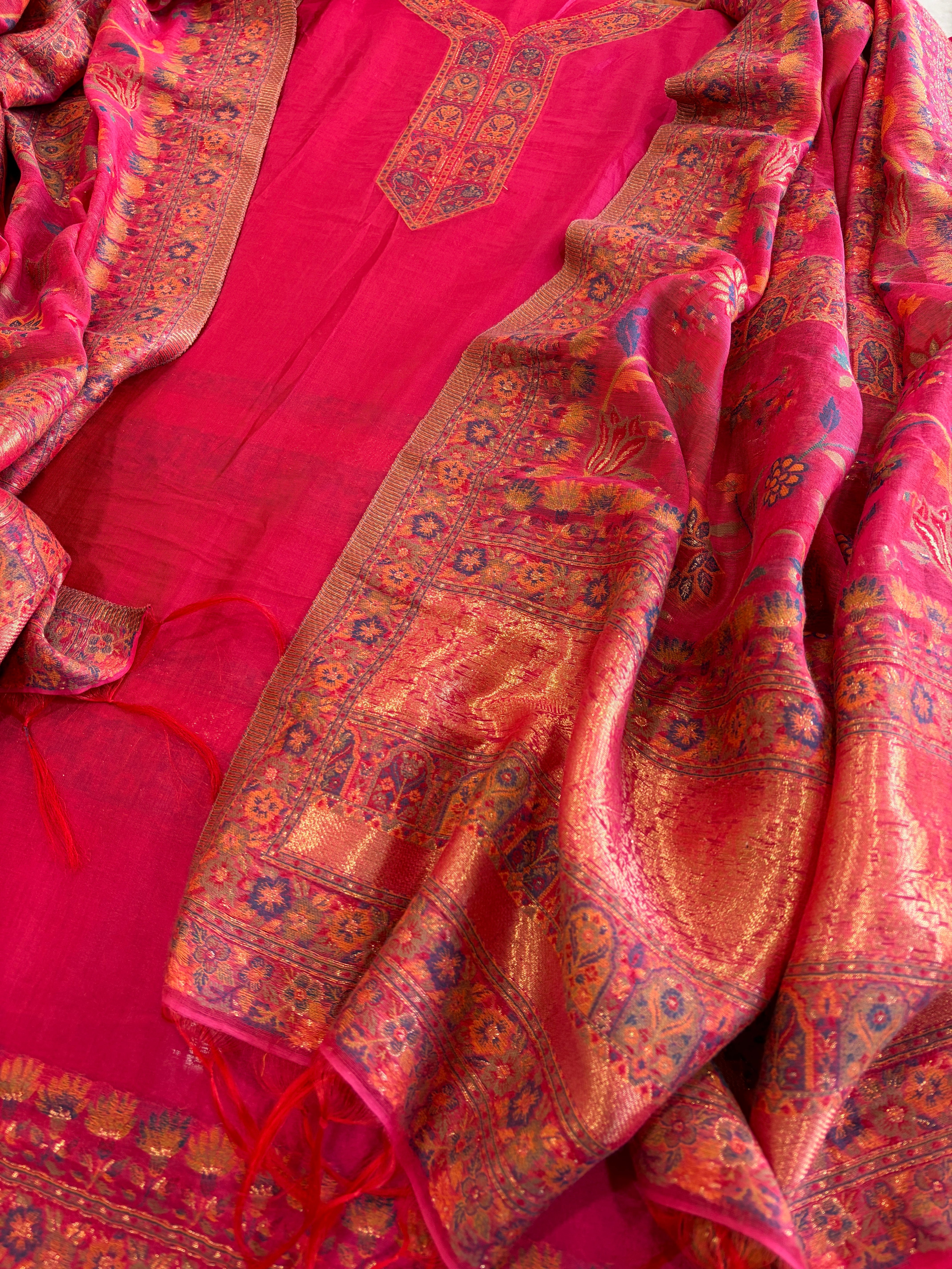 Pink Suit Set with Handwoven Kaani and Zari in Pure Silk - Masakalee