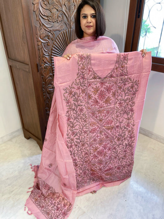 Pink Suit Set with Kantha Handwork in Pure Tussar Silk - Masakalee