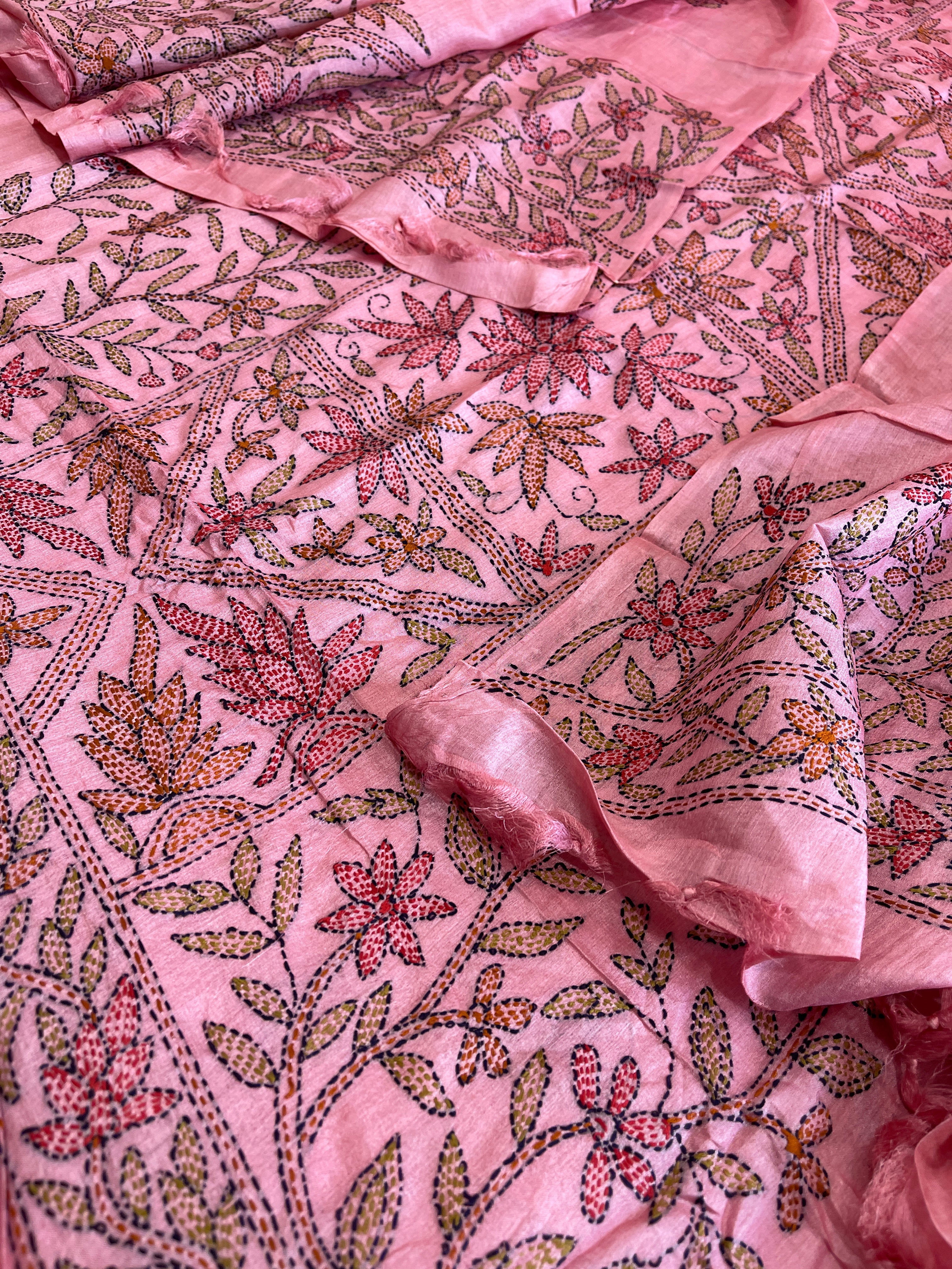 Pink Suit Set with Kantha Handwork in Pure Tussar Silk - Masakalee