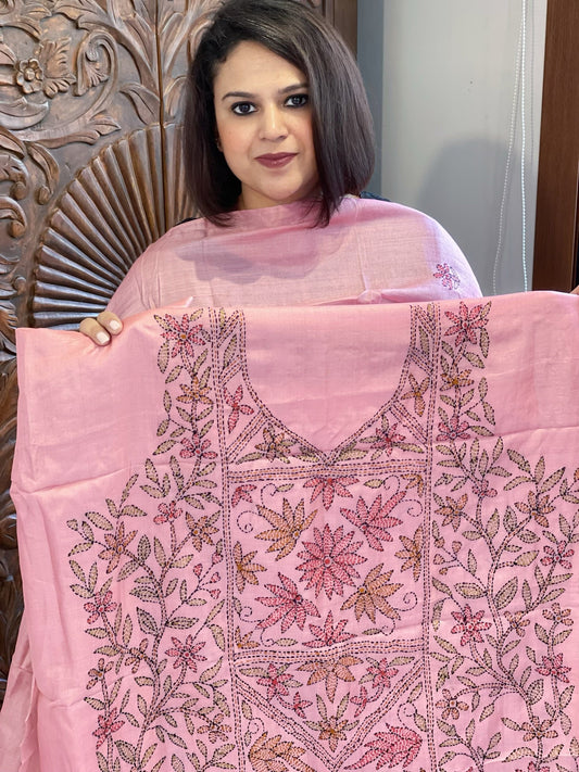 Pink Suit Set with Kantha Handwork in Pure Tussar Silk - Masakalee