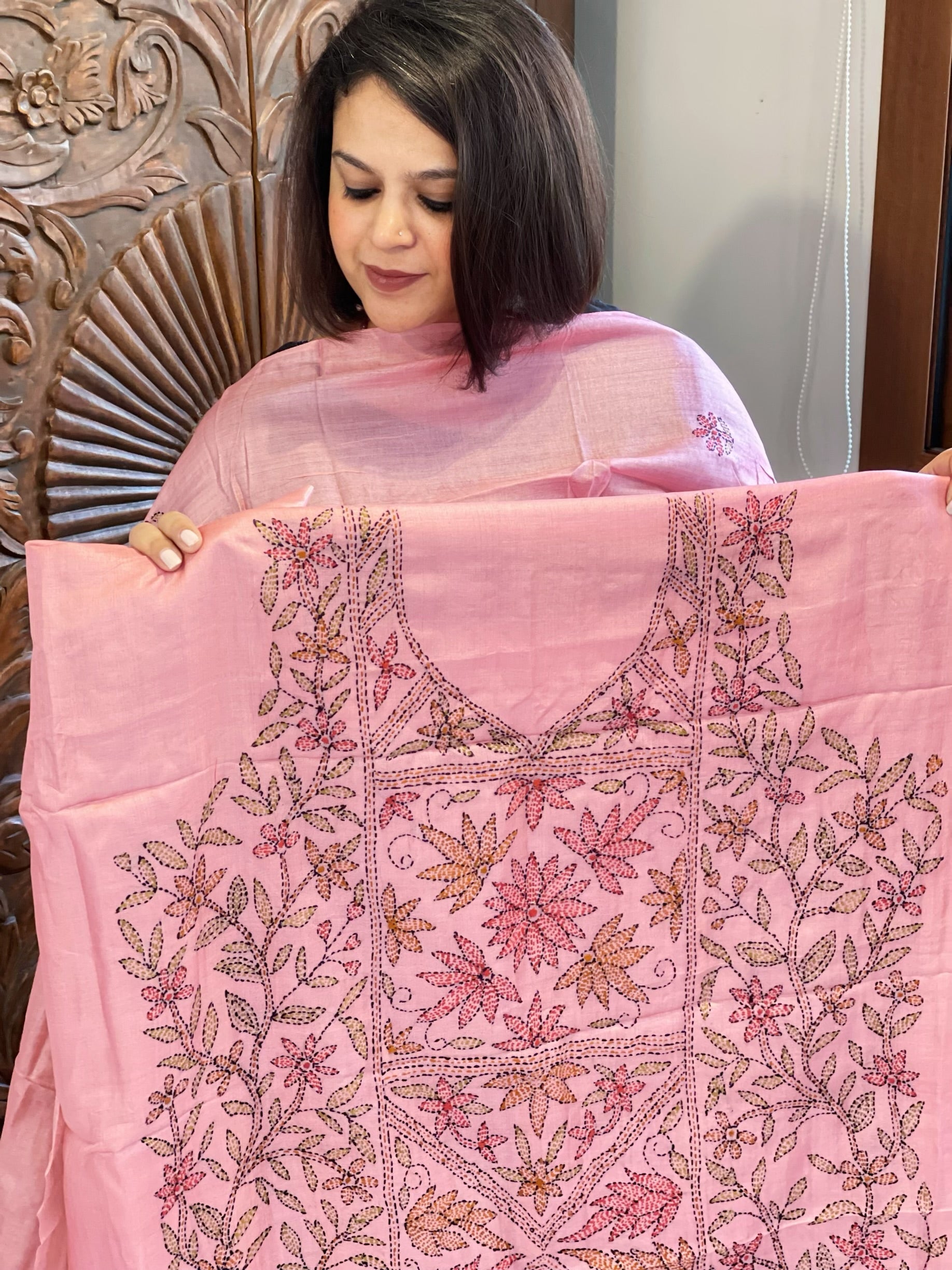 Pink Suit Set with Kantha Handwork in Pure Tussar Silk - Masakalee