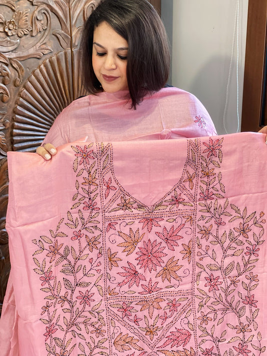 Pink Suit Set with Kantha Handwork in Pure Tussar Silk - Masakalee
