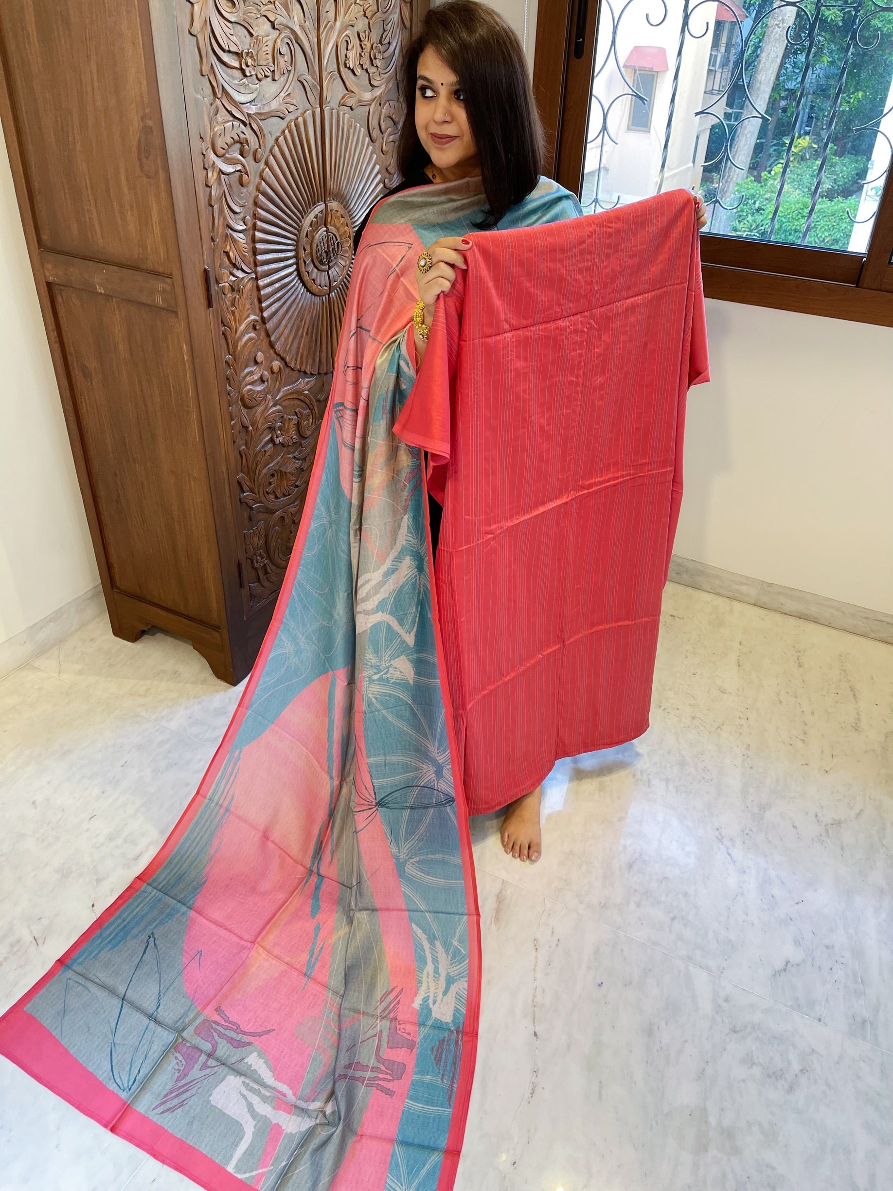 Pink Suit Set with Kantha Stitch Work on Glazed Cotton - Masakalee