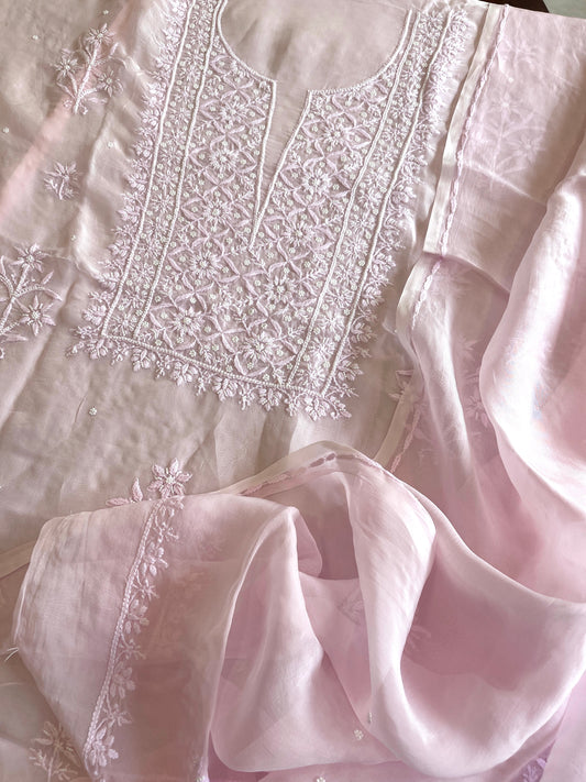 Pink Suit Set with Lucknowi and Pearl Handwork in Organza Crepe - Masakalee