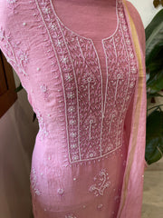 Pink Suit Set with Lucknowi Handwork in Pure Mul Chanderi - Masakalee