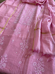 Pink Suit Set with Lucknowi Handwork in Pure Mul Chanderi - Masakalee