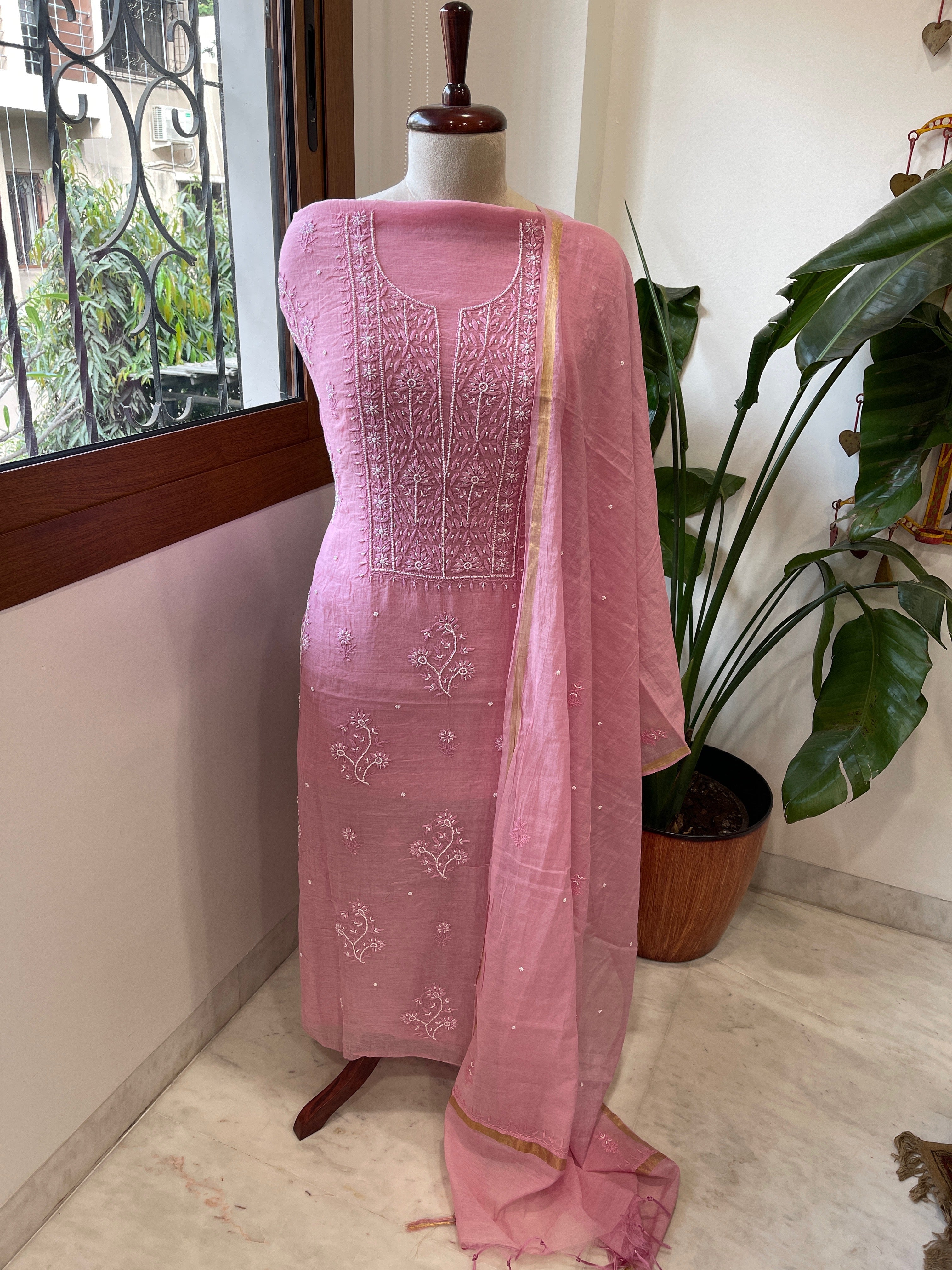 Pink Suit Set with Lucknowi Handwork in Pure Mul Chanderi - Masakalee
