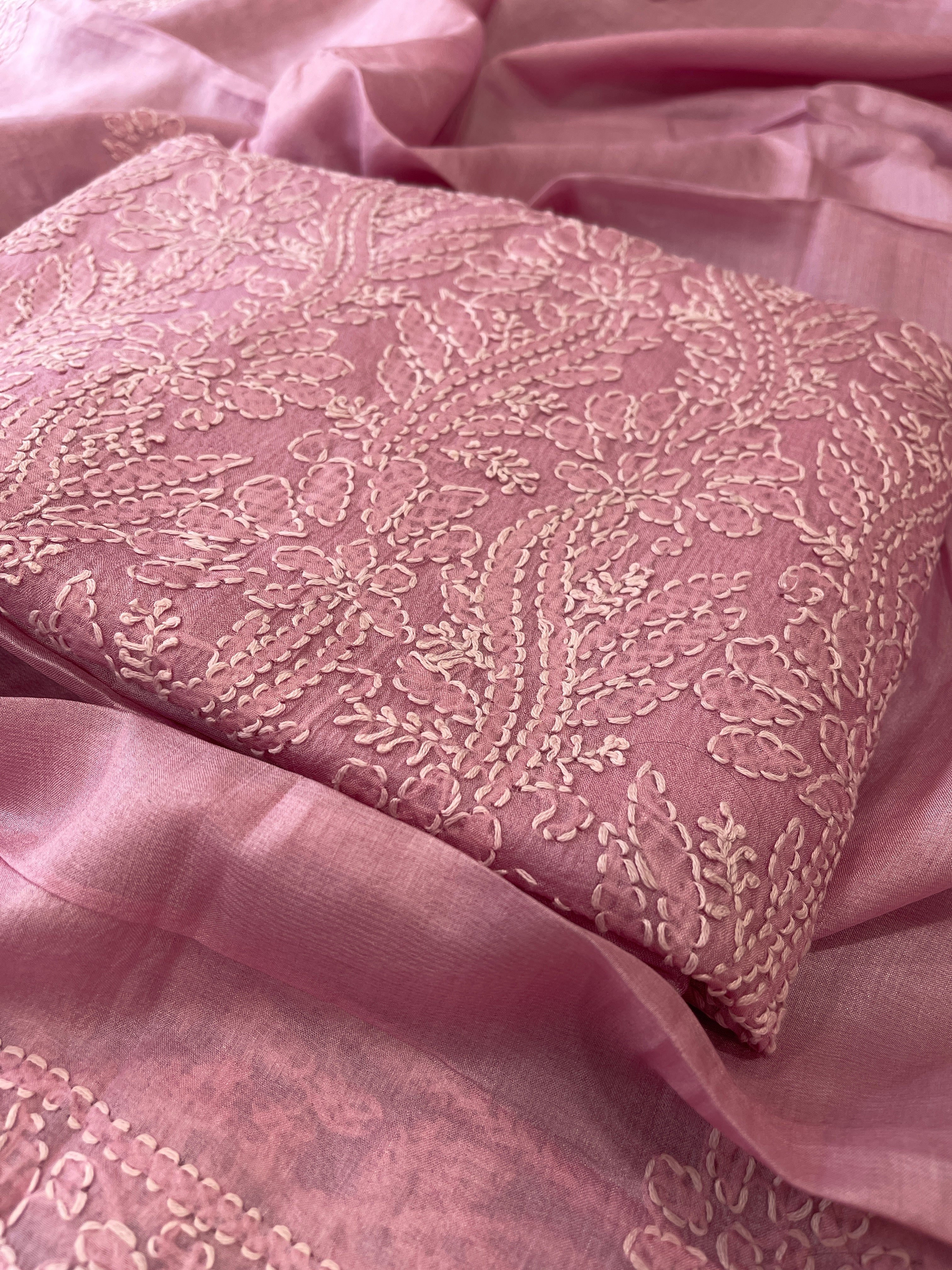 Pink Suit Set with Lucknowi Handwork in Pure Tussar Silk - Masakalee