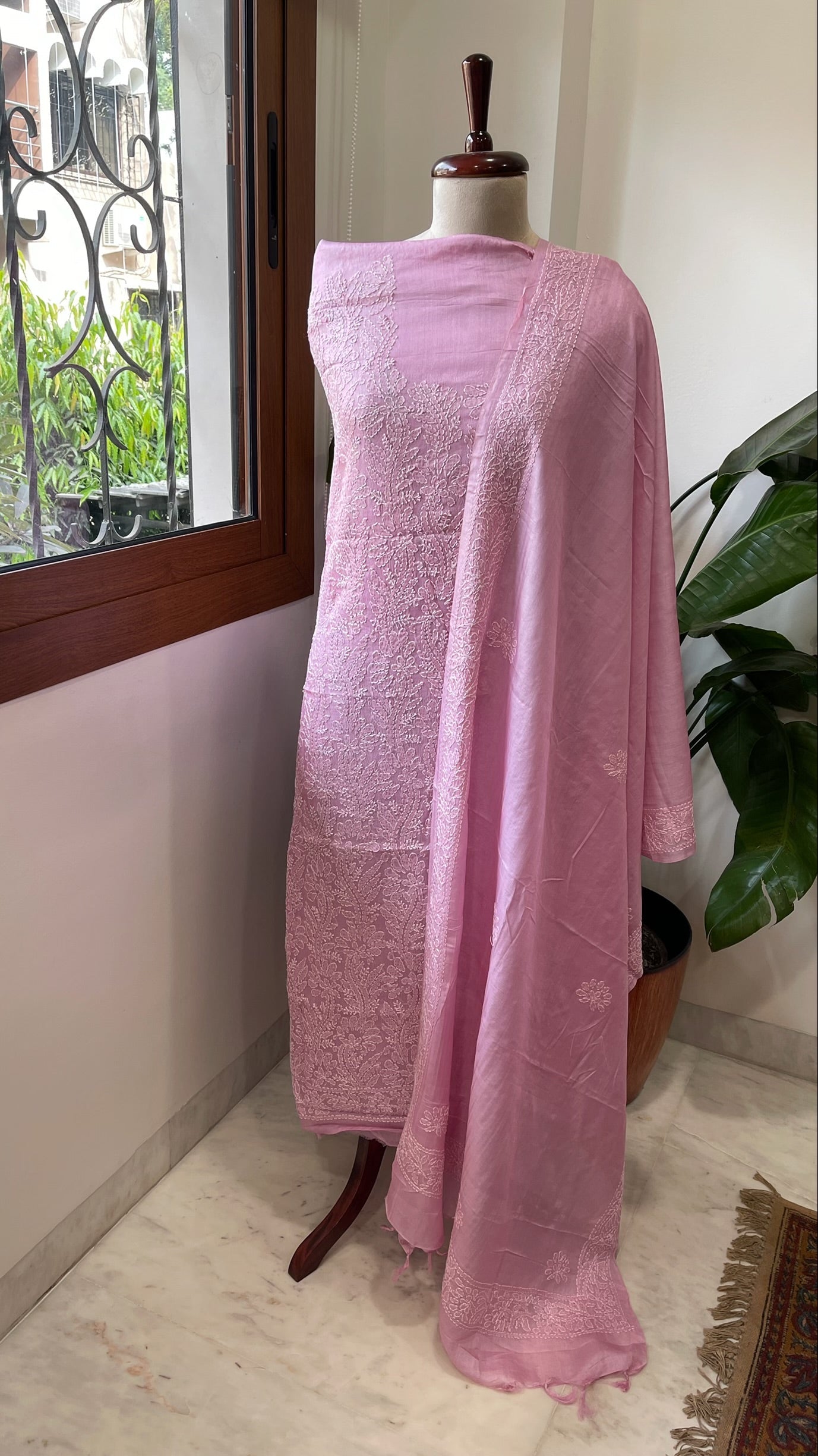 Pink Suit Set with Lucknowi Handwork in Pure Tussar Silk - Masakalee