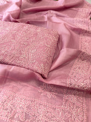 Pink Suit Set with Lucknowi Handwork in Pure Tussar Silk - Masakalee