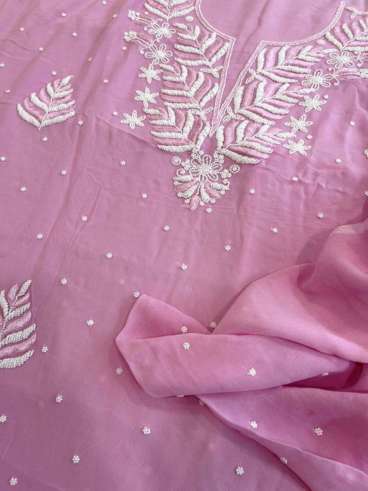 Pink Suit Set with Pearl and Thread Handwork in Georgette - Masakalee