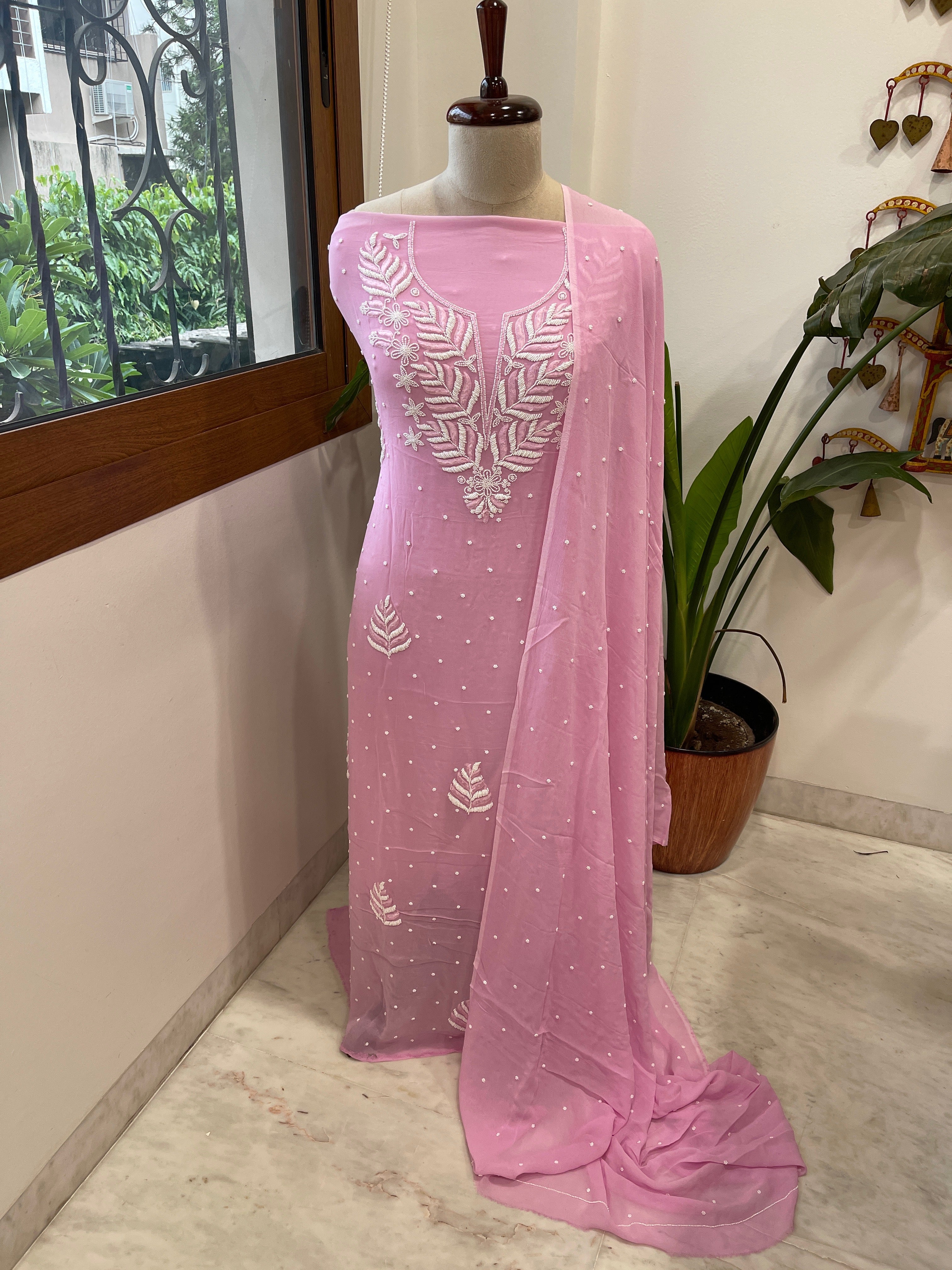 Pink Suit Set with Pearl and Thread Handwork in Georgette - Masakalee