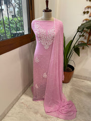 Pink Suit Set with Pearl and Thread Handwork in Georgette - Masakalee