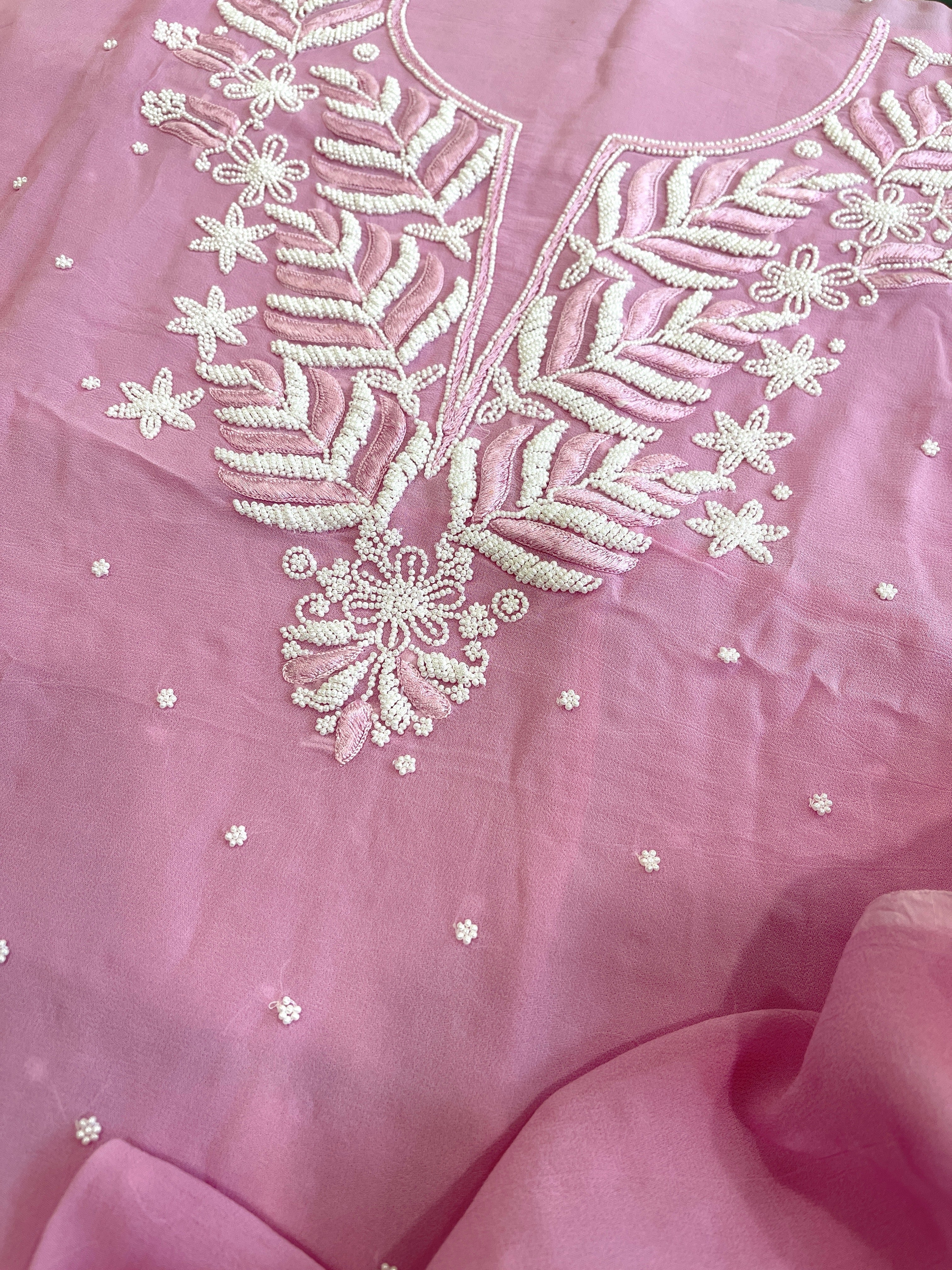 Pink Suit Set with Pearl and Thread Handwork in Georgette - Masakalee