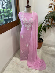 Pink Suit Set with Pearl and Thread Handwork in Georgette - Masakalee