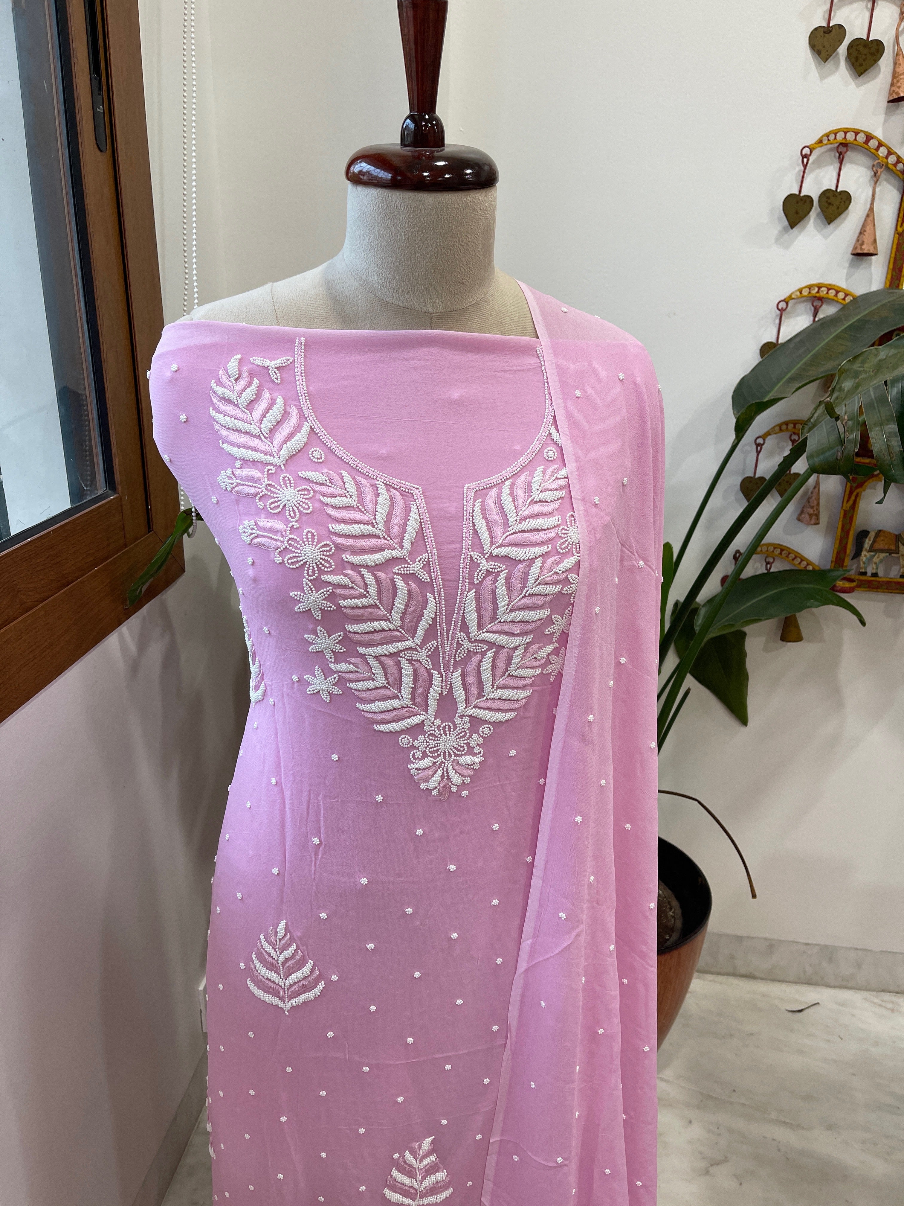 Pink Suit Set with Pearl and Thread Handwork in Georgette - Masakalee